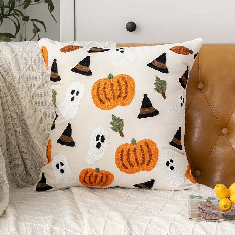 Funda de cojín bordada con toalla, bordado de calabaza de Halloween, funda de cojín de oficina de otoño