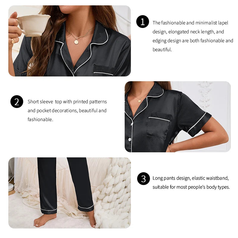 Conjuntos de pijama para mujer, otoño, manga corta, top con botones y pantalones, ropa de dormir de 2 piezas, conjunto de pijama con botones, ropa de casa, ropa de estar de satén