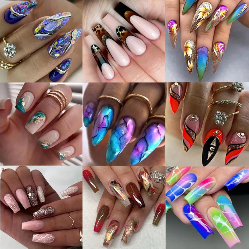 Uñas a presión francesas coloridas con diseños, uñas postizas a presión de cabeza cuadrada larga, pegamento simple portátil para uñas, uñas postizas