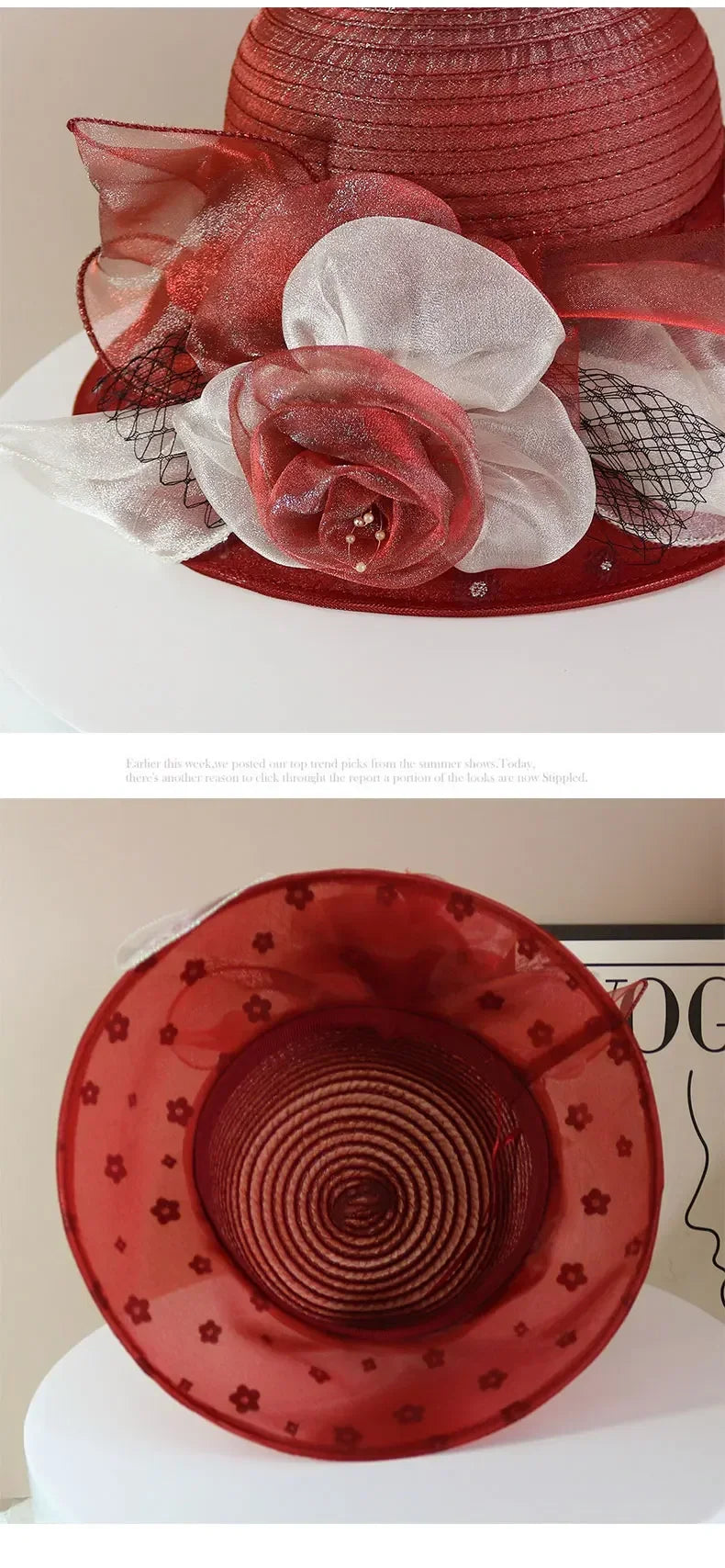 Sombrero de moda para mujer, elegante, de organza, con flor, ala ancha, para el sol, estilo retro, accesorio para fiesta o banquete, plegable para la playa