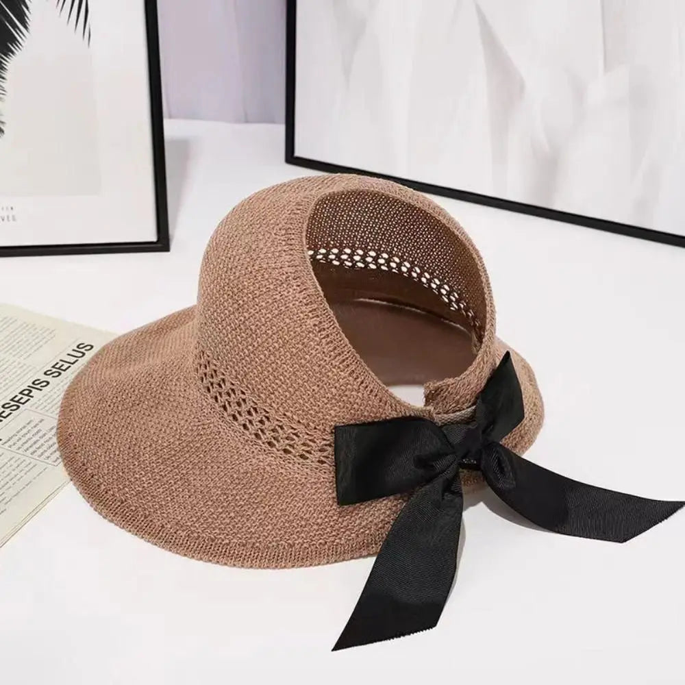 Fashion Hollow Bow Sun Hat Summer Supply Wide Brim Women Ponytail Beach Cap UV Protection Crochet Women's Hat Caps