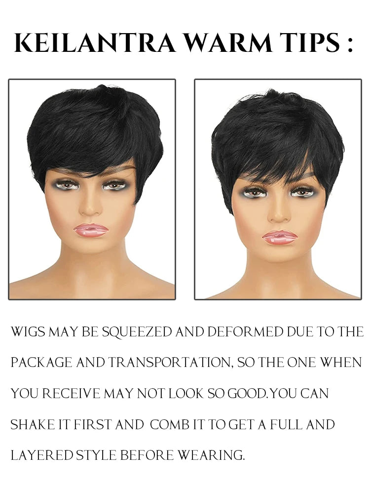Pelucas de Cabello Humano Peluca Corta Pixie de Cabello Humano para Mujeres Negras Pelucas Hechas a Máquina con Flequillo Peluca Pixie Perruque Cheveux Humain