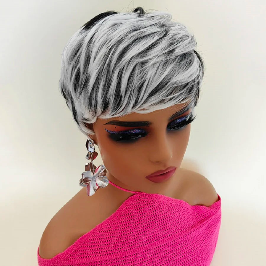 Short Pixie Cut Wigs Black Ombre White Synthetic Hair Wig with Bangs Heat Soft US