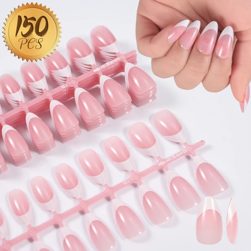 150/100/24Pcs Pink Matte French Press On Nail Tips Soft Full Cover Fake Nails Oval Almond False Nails Natural Extension Manicure