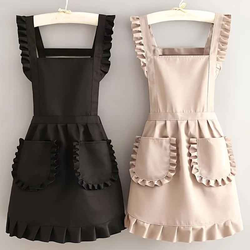 Korean Kitchen Apron - Princess style apron, adjustable neck and waist straps with pockets suitable for cooking and nail studios