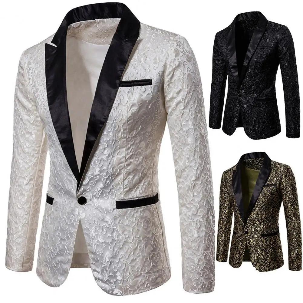 Chaqueta de hombre de lujo con jacquard, un botón, corte ajustado, cuello vuelto, de alta calidad, para bodas y banquetes
