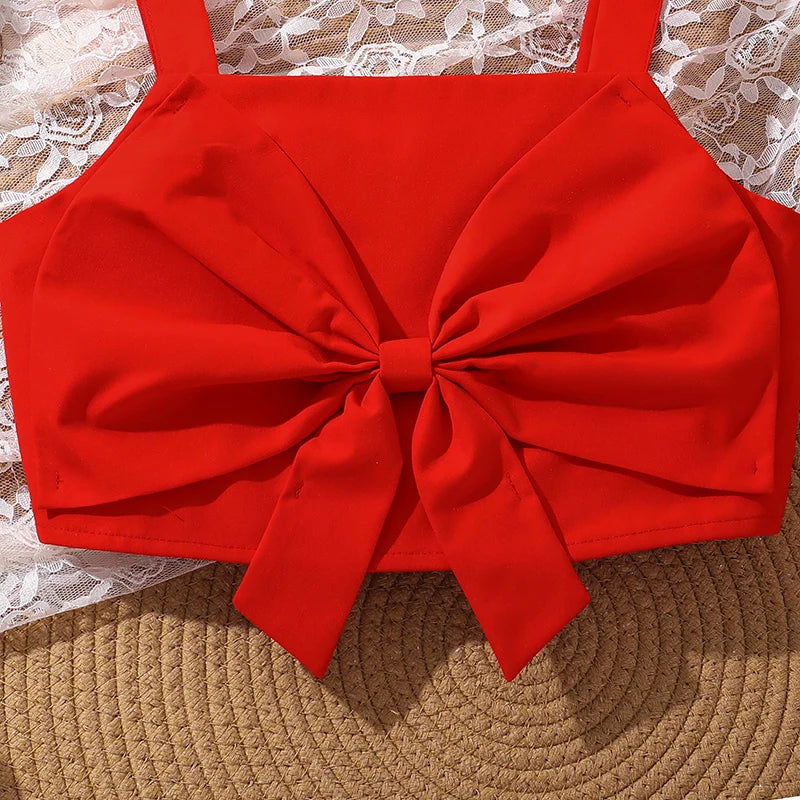 kids Clothing Sets For Girls Red Sleeveless Square Collar Ruffled Bowknot Elastic-Waist 8-12 Years Summer Fashion Sweet Style