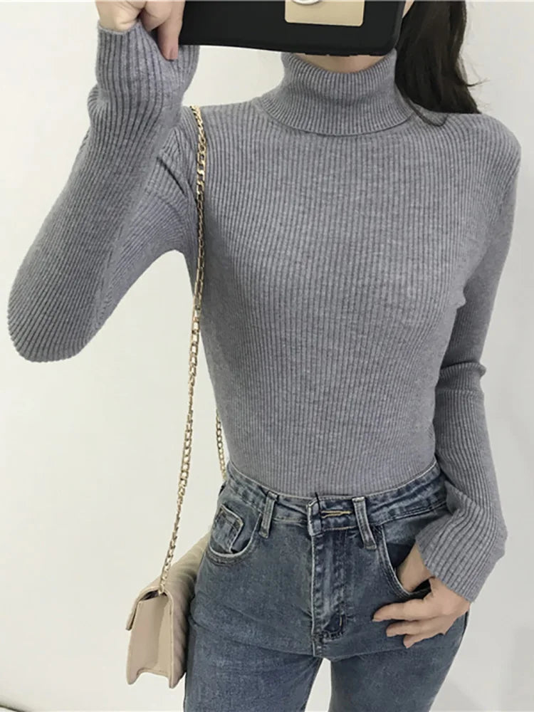 Jersey de cuello alto para mujer, blusa de otoño e invierno, jersey coreano ajustado para mujer, suéter de punto, jersey para mujer, invierno