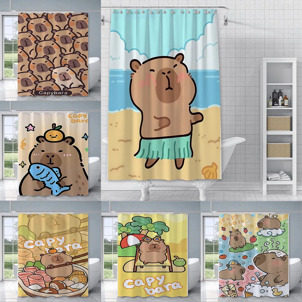 Cortina de ducha de tela de poliéster impermeable, pintura de cortinas de baño coloridas, capibaras Kawaii, decoración de baño para el hogar con gancho