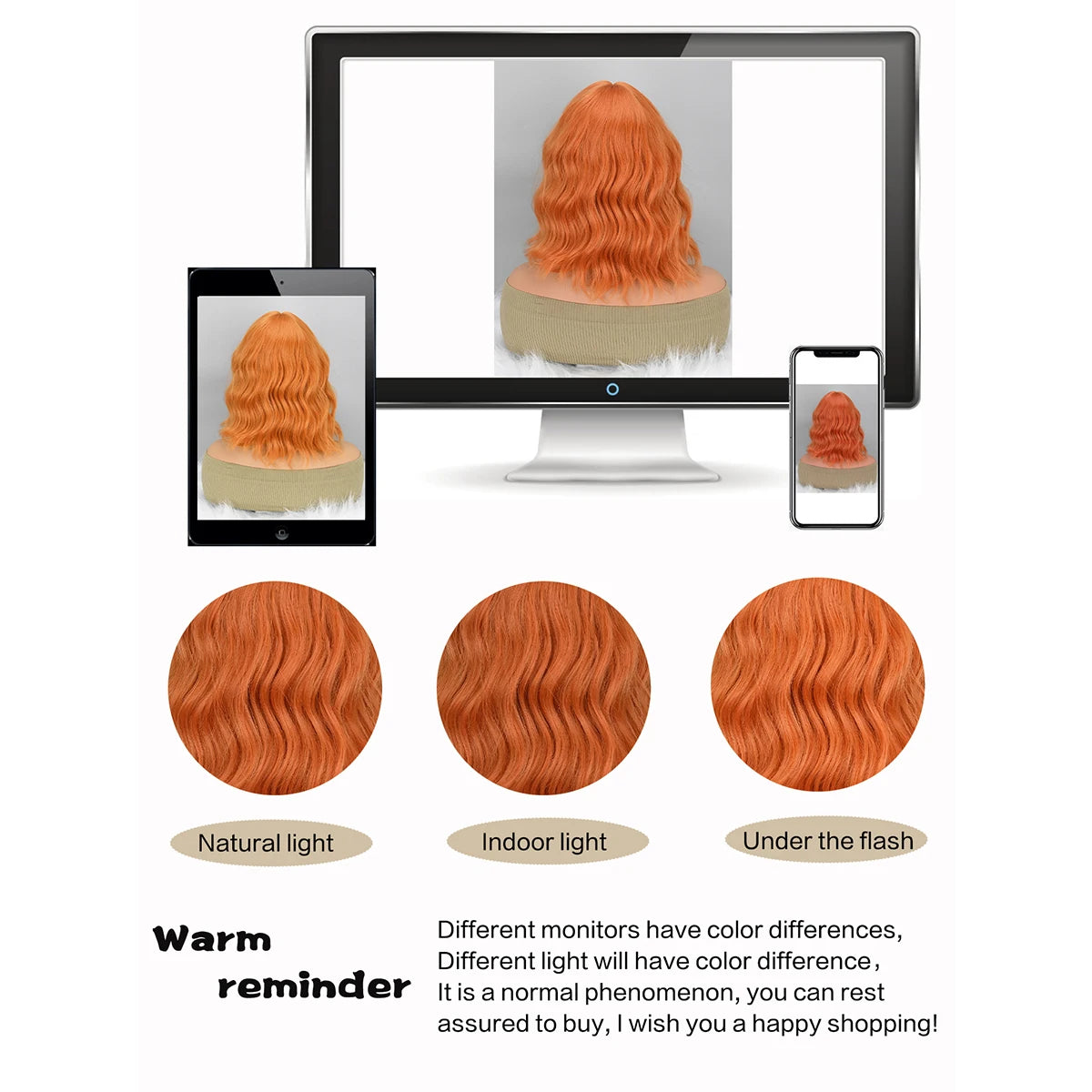 Short Wavy Curly Women Fresh Bright Synthetic Ordinary Flat Bangs Bob Wig (Light Orange)
