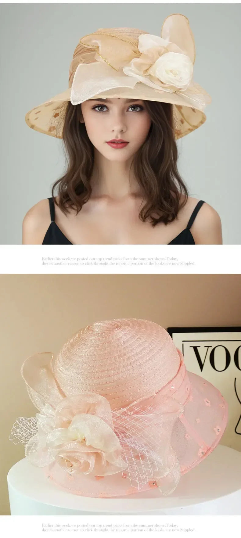 Sombrero de moda para mujer, elegante, de organza, con flor, ala ancha, para el sol, estilo retro, accesorio para fiesta o banquete, plegable para la playa
