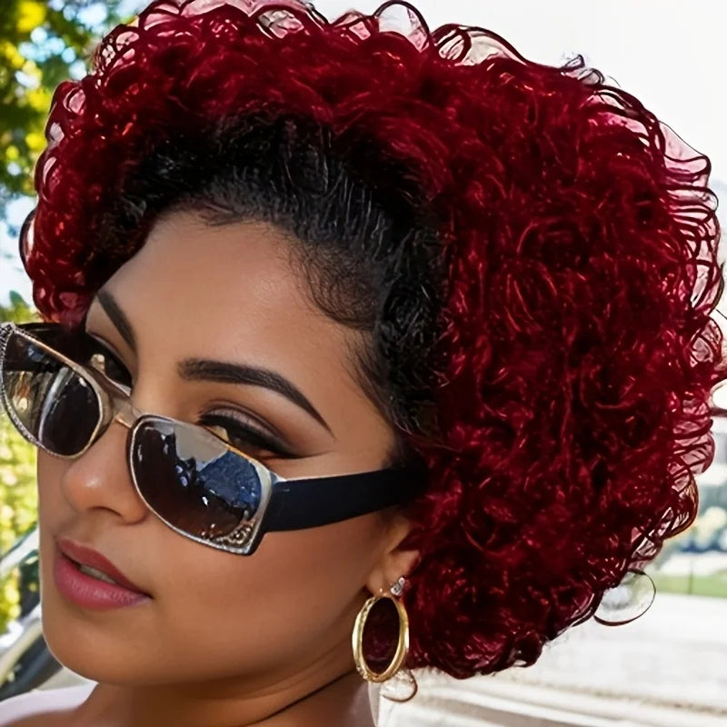 Perruque courte bouclée Pixie Cut 13x1 Lace Front 1B99J Bordeaux 1B27, perruque Bob pré-plumée, perruque de cheveux humains bouclés