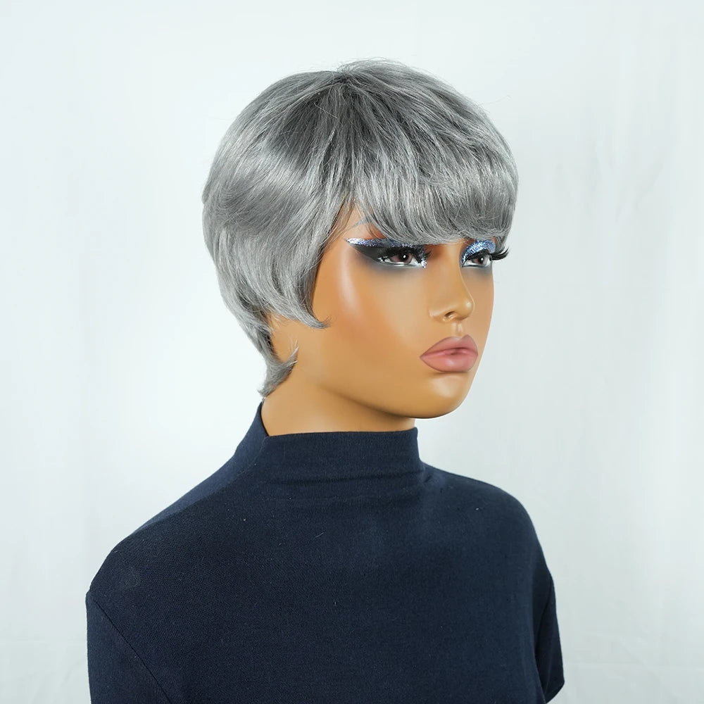 Gray Human Hair Pixie Cut Wig Short Silver Color with Pre Plucked Bangs for Women Brazilian Remy Hair Machine Made Pixie Cut Wig