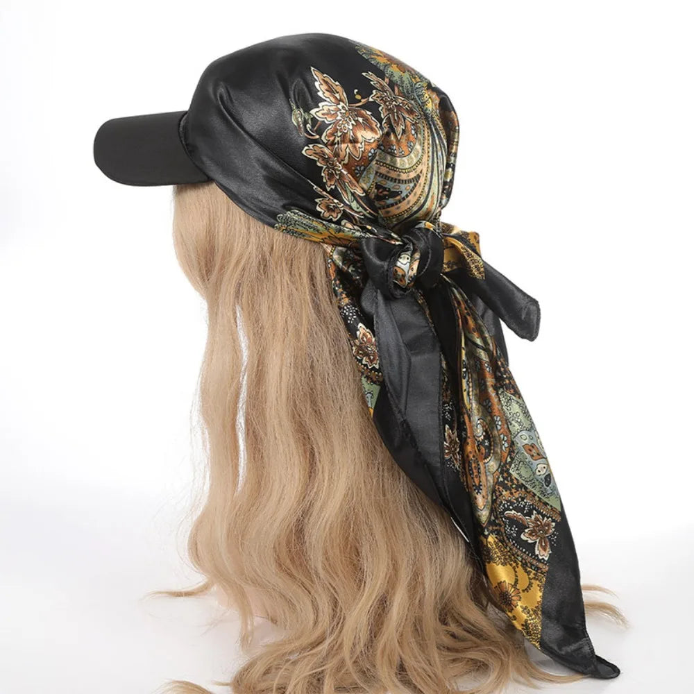 Fashion Satin Silk Headscarf Hat with Brim 2-in-1 Square Scarf Cap Printed Elegant Turban Wrap