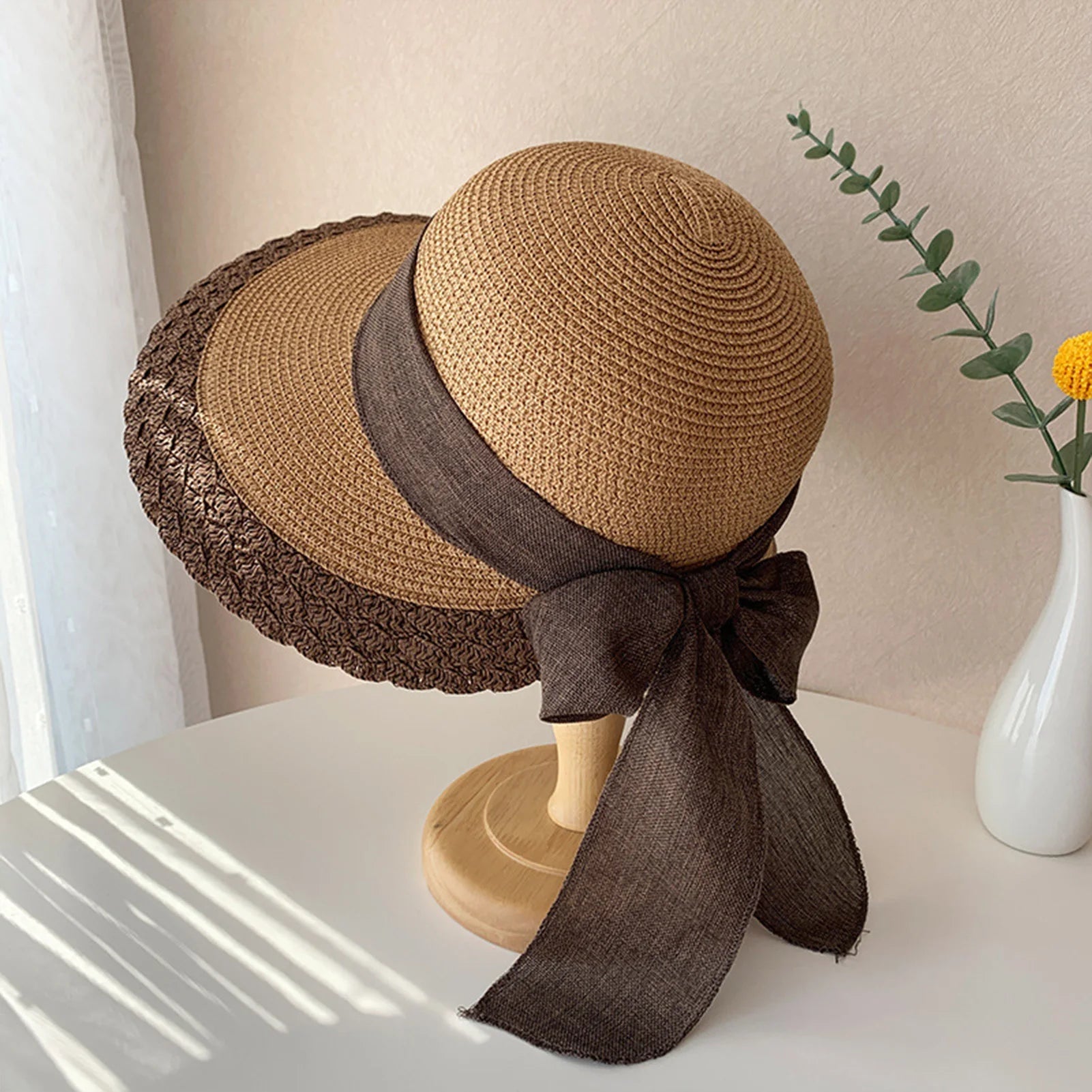 Sombreros de paja de ala ancha para mujer, diseño de borde de encaje, gorras de playa con lazo para deportes al aire libre, senderismo y viajes