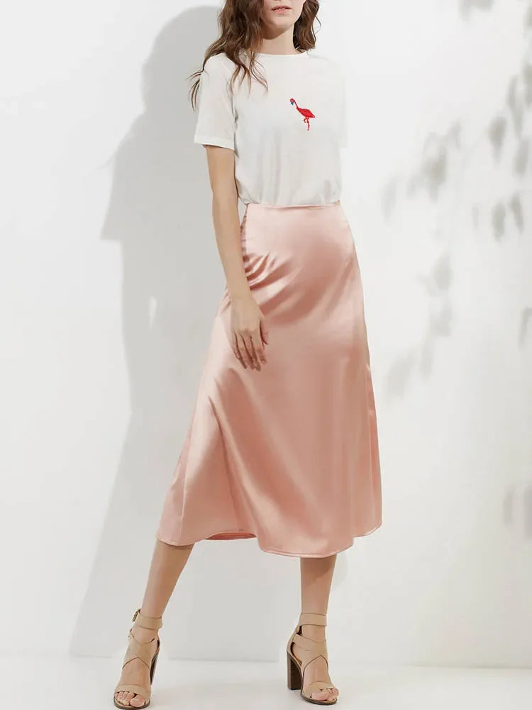 Faldas de satén de seda para mujer estilo coreano color champán para oficina, cintura alta, falda acampanada, moda elegante, falda lápiz larga sólida 2025