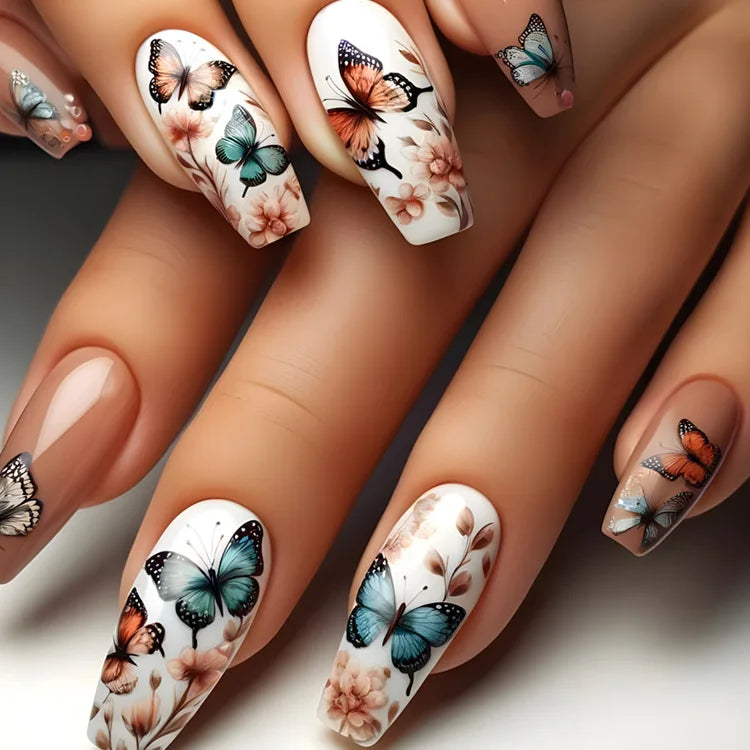 24 Piezas Uñas Postizas Ataúd Dulce Fresco Mariposa Flor Acrílico Brillo Uñas Falsas Brillantes Cubierta Completa Otoño Puntas de Uñas a Presión