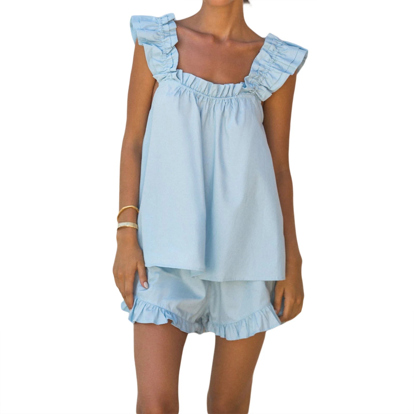 Conjuntos de Pijama para Mujer de Verano de 2 Piezas, Pijama de Mujer, Chaleco sin Mangas sin Espalda + Pantalones Cortos con Volantes de Color Liso