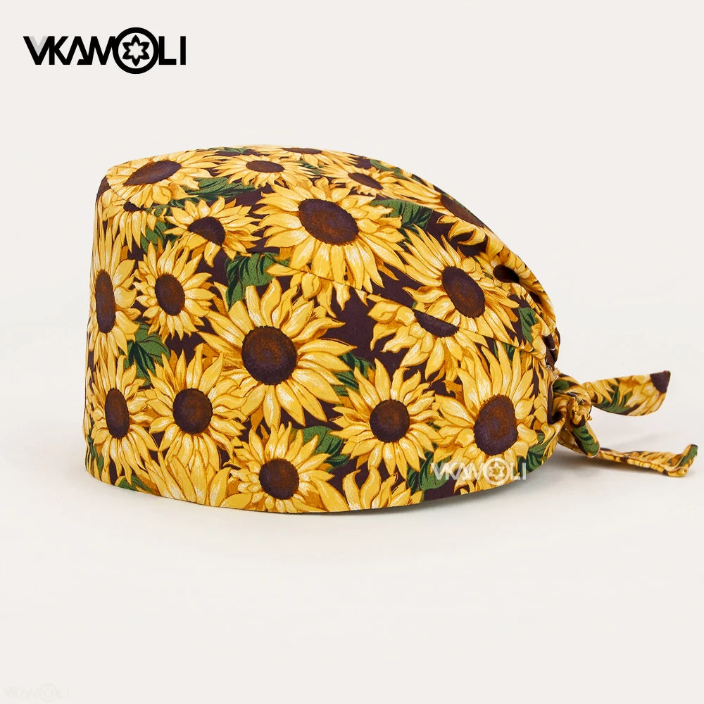 Gorros de enfermería de moda ajustables de algodón con estampado de flores Sombreros ajustables de alta calidad que absorben el sudor Gorro elástico multicolor