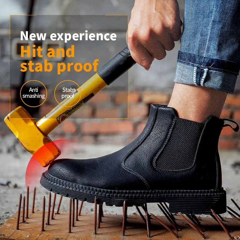 Zapatos de seguridad impermeables para hombre, botas de cuero con punta de acero, calzado masculino, botas de trabajo de construcción indestructibles, color marrón