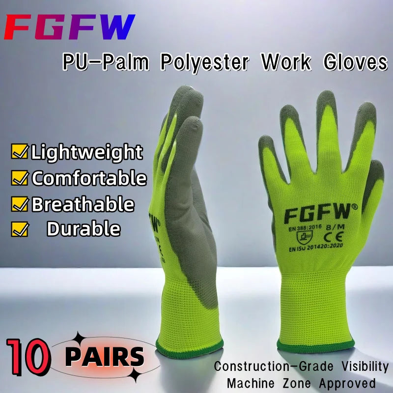 Lot de 10 paires de gants de travail enduits de PU - Gants de sécurité légers et résistants, certifiés EN 388/ISO 20471, tailles S/M/L/XL