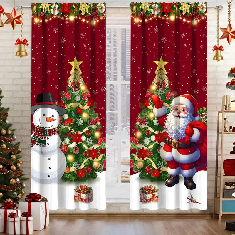 2pcs Christmas Print Curtains Xmas Rod Pocket Window Treatment for Living Room Kitchen Bedroom Christmas Decorations For Home