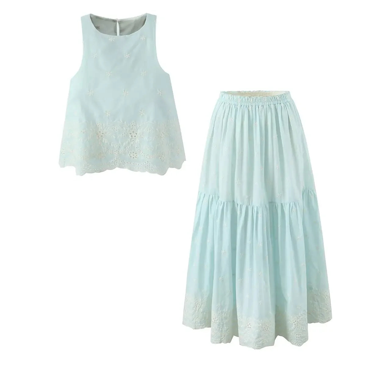 Conjunto de dos piezas de falda y top sin mangas a juego para mujer, falda vintage azul claro, conjunto de vestido de algodón bordado estilo francés