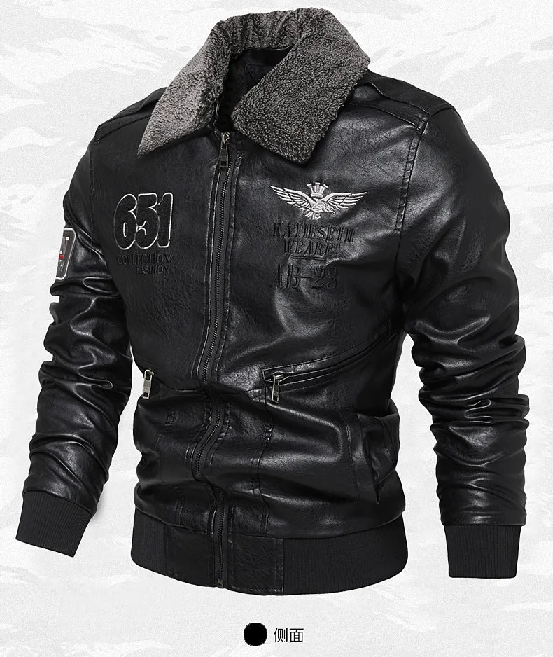 Chaquetas de moto para hombre de moda otoño/invierno casual de cuero bordadas estilo aviador en invierno terciopelo PU Jacke