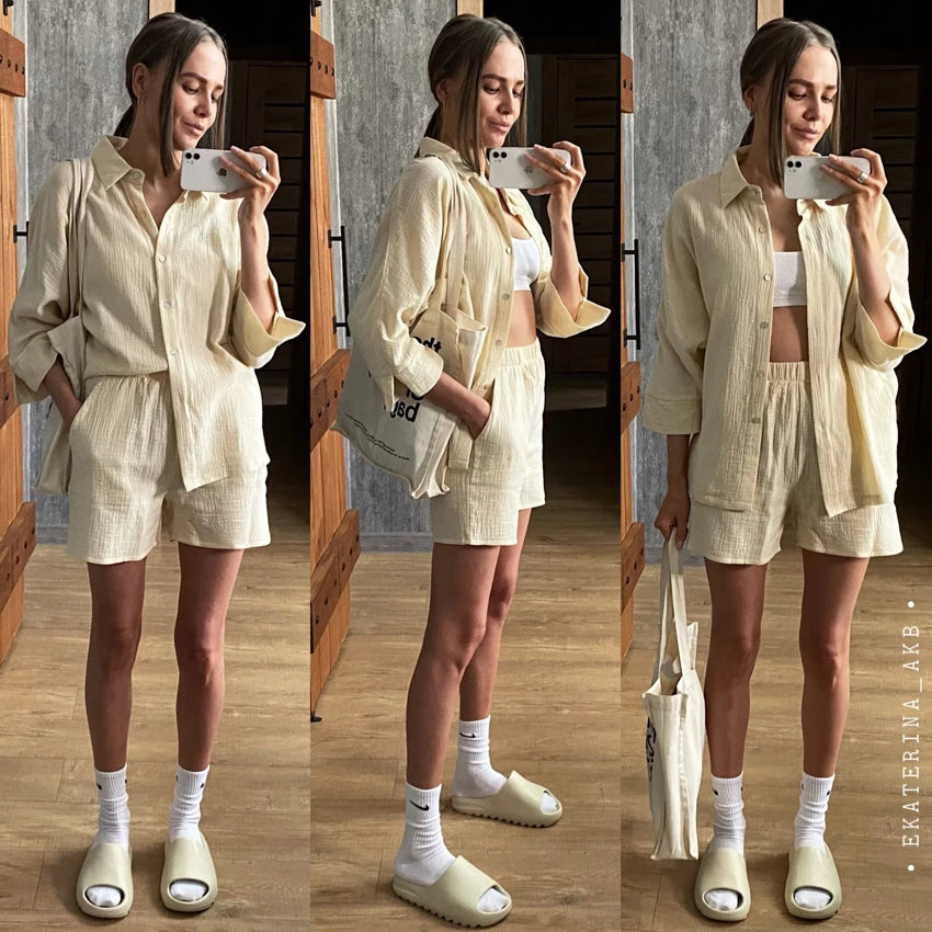 Cotton Pajamas For Women Sets Suit Casual Sleepwear Turn-Down Collar Nine Quarter Sleeve Sleep Tops Shorts Female Homewear 2023