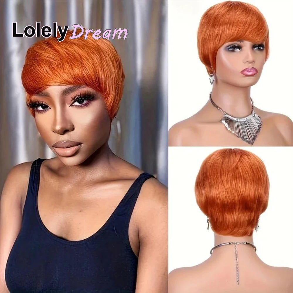 Peluca Lolely Dream Corta Naranja Jengibre 100% Cabello Humano con Flequillo, Peluca Lisa Remy Hecha a Máquina, Peluca Bob con Capas, Corte Pixie para Mujeres