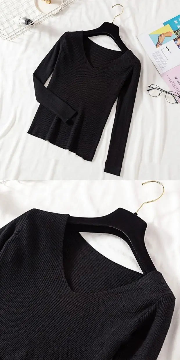Suéter de mujer nuevo otoño invierno de manga larga jersey básico top de moda cuello en V elástico femenino invierno de punto sólido