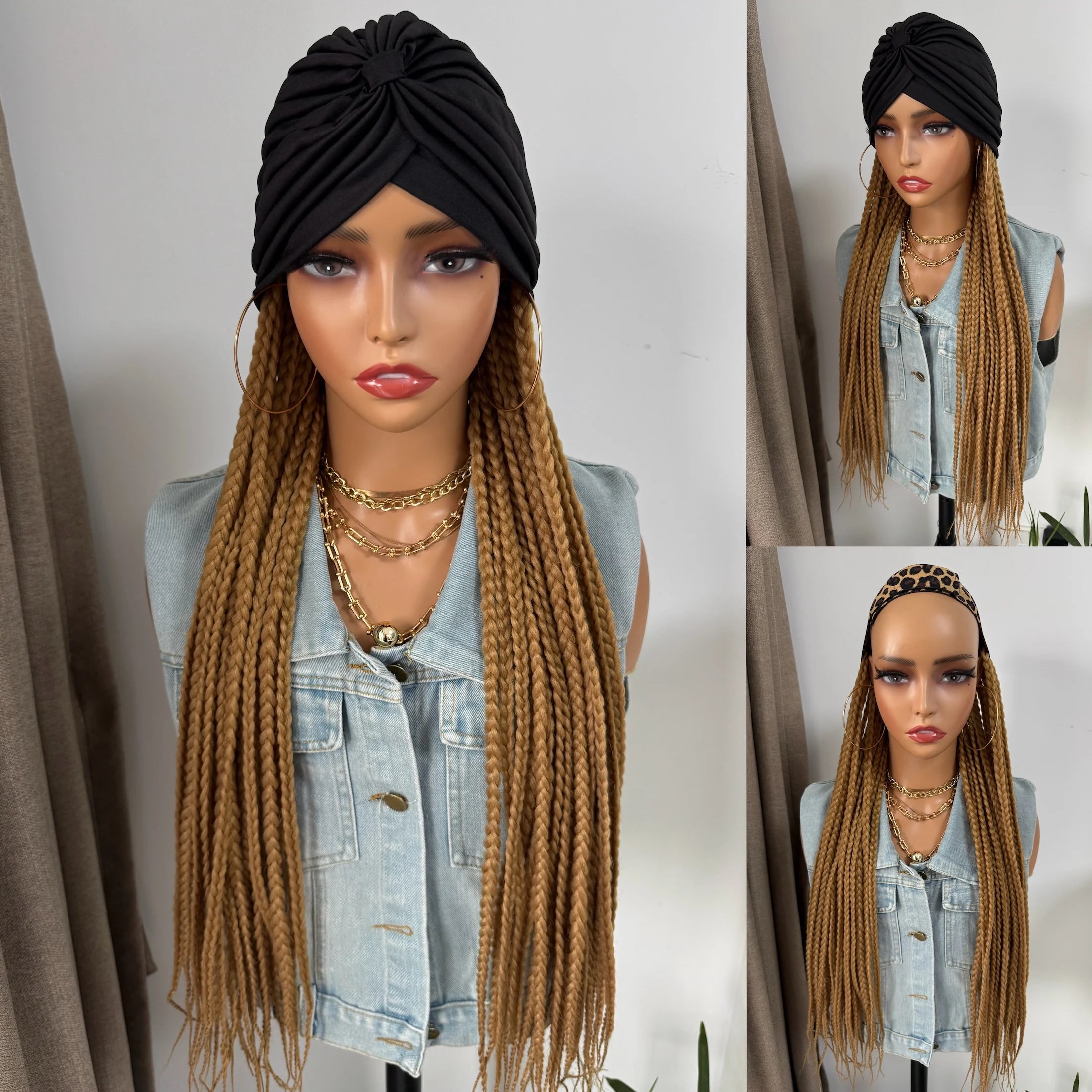 WIGERA Diadema con estampado de leopardo Peluca sintética trenzada larga con gorro turbante Trenzado de caja Extensiones de cabello Pañuelo para la cabeza Peinado fácil