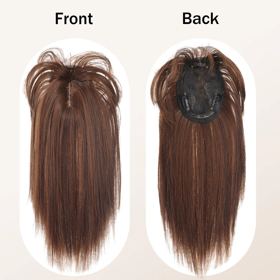 Syntetisk dameparykk med rett hår, 25 cm/30 cm pannelugg, topperstatning, tre kort, svart parykk/brun parykk/beige parykk/khaki parykk