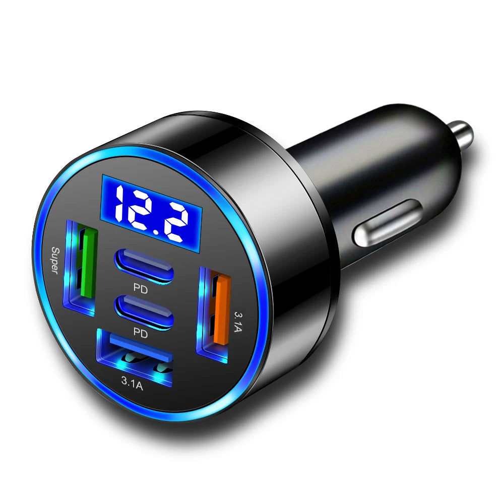 250W 5-Port Car Charger PD QC3.0 USB C Fast Charging Car Phone Adapter With LED Voltage Display For iPhone Samsung Huawei Xiaomi