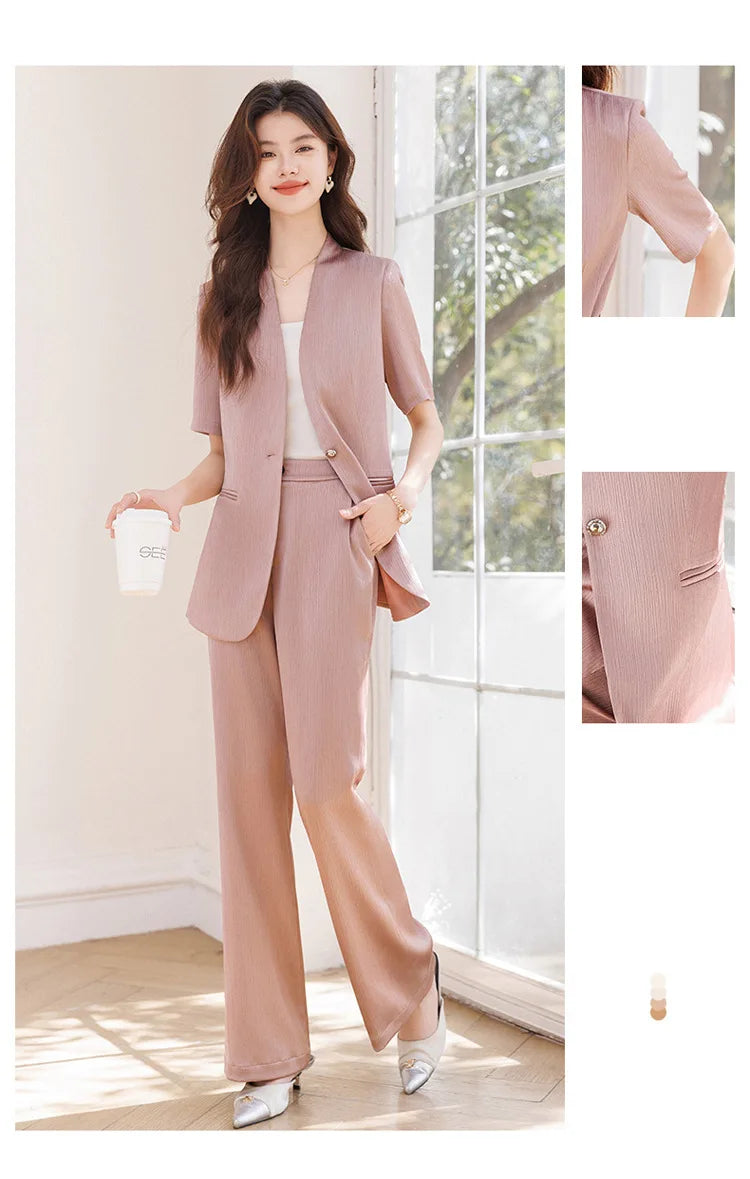 Damebuksedress med belte Sommer Kortermet V-hals Blazer og bukser Sett Elegant Kontorarbeidstøy Lilla Mote 2025