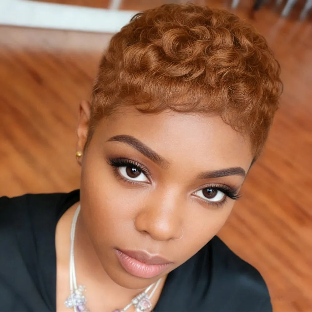 Perruque bouclée en cheveux humains de coupe pixie