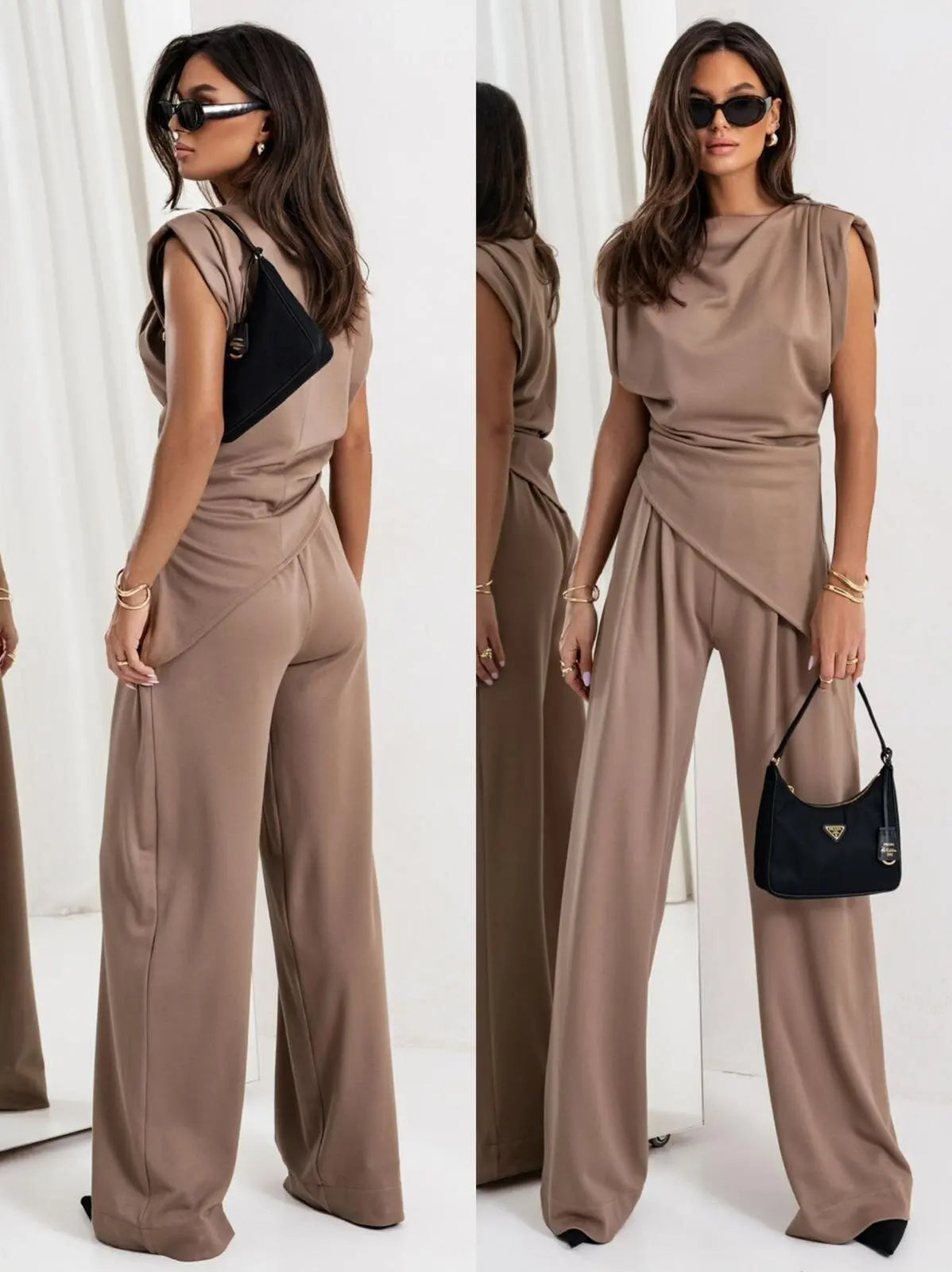 Traje de pantalones plisados asimétricos para mujer, blusa sexy sin mangas, pantalones de pierna recta de talle alto con bolsillos, conjunto de moda nuevo para verano