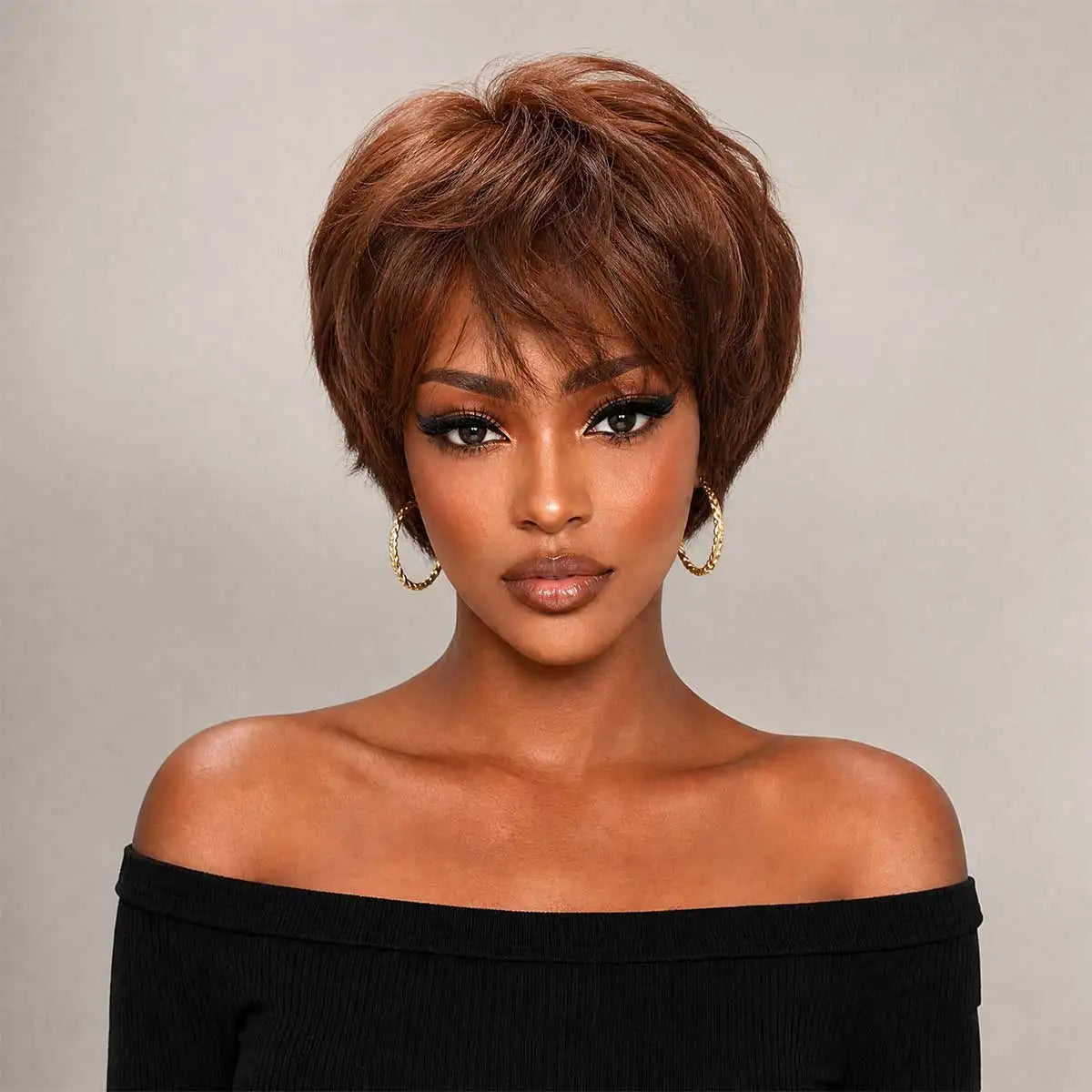 Brown Layered Pixie Short Wig with Side Bangs for Women, Heat‑Resistant Synthetic Glueless Wig Daily Party Fashion Wig