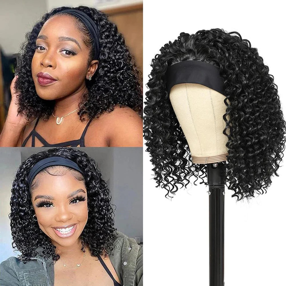 Peluca rizada Kinky negra corta y lisa con diadema sintética natural para mujeres negras, uso diario en fiestas, cabello falso resistente al calor