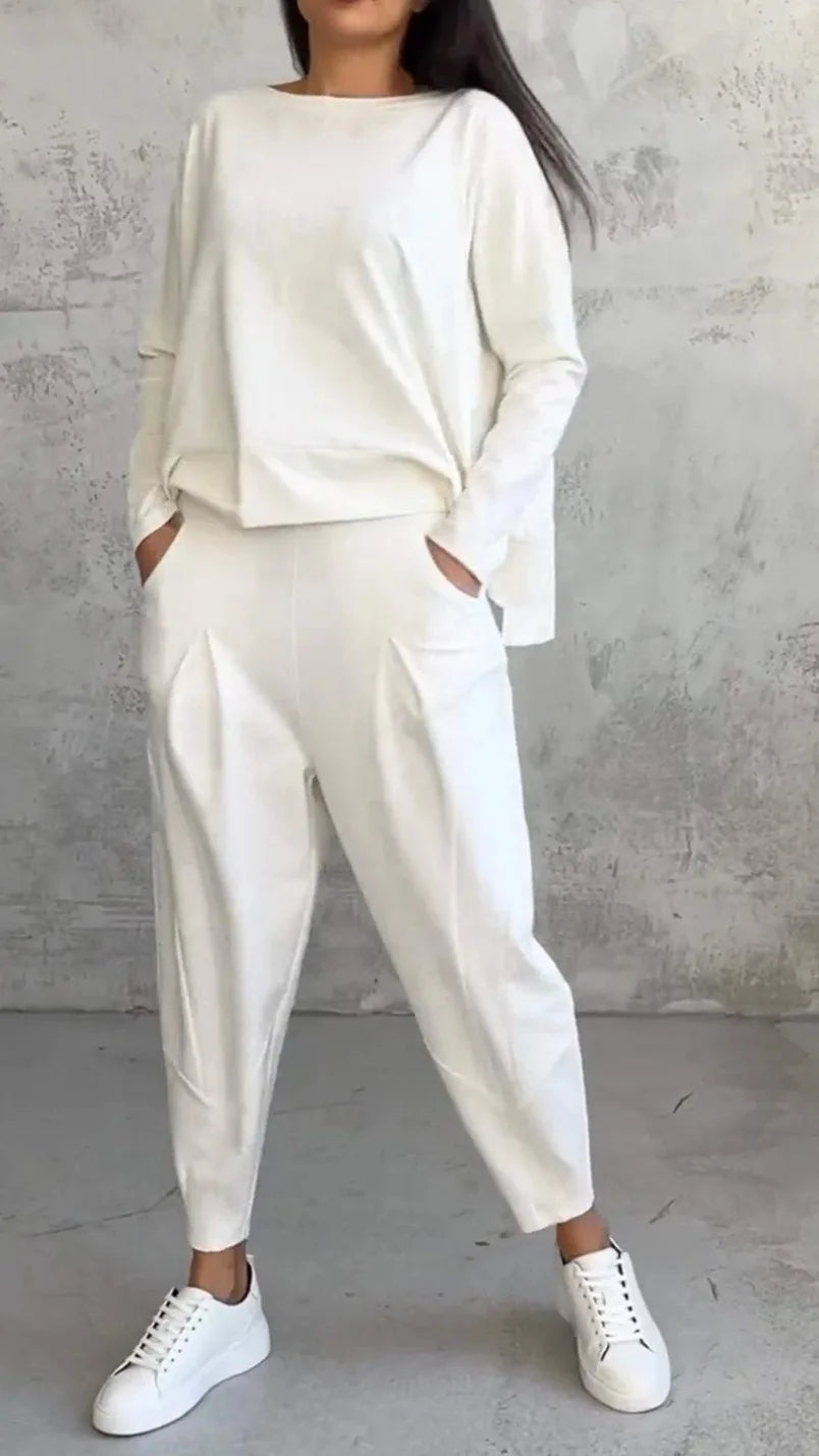 Conjuntos de dos piezas de pantalón para mujer, tops lisos de manga larga, cuello redondo, casual, pantalones largos de cintura media, bolsillos, elegante regular