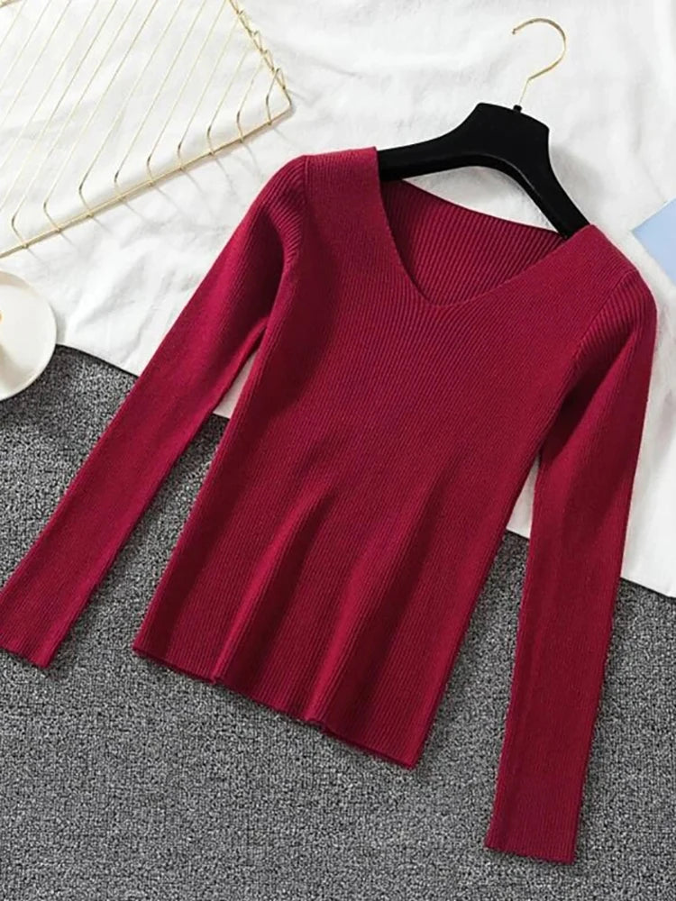 Suéter de mujer nuevo otoño invierno de manga larga jersey básico top de moda cuello en V elástico femenino invierno de punto sólido