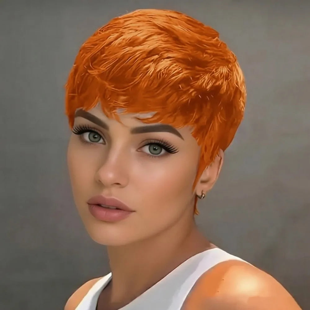 pixie wig short machine made 6Inch black orange 99j Women'S Chic Retro short straight Pixie Cut human human hair Wig