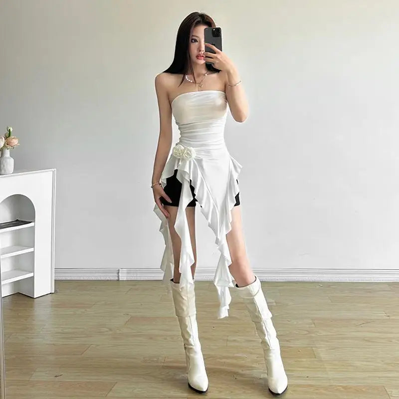 Tops corseteros de mujer Rosas 3D irregulares Volantes Slim Tops estéticos veraniegos elegantes de streetwear Rojos lisos Ropa de mujer Blancos Negros Sexys