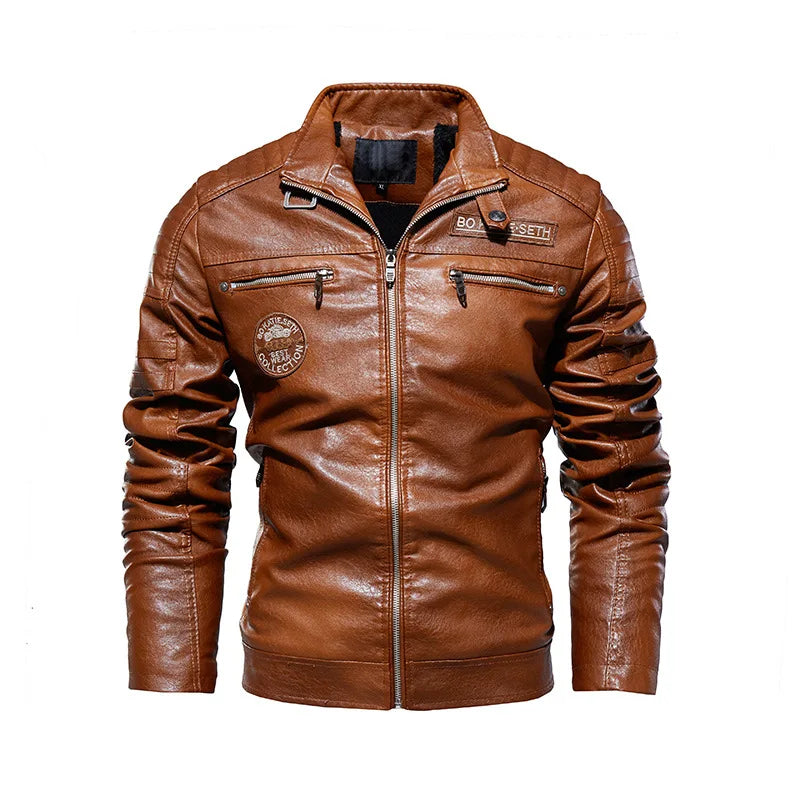 Chaqueta de Motociclista para Hombre, Chaquetas de Cuero PU para Motociclista con Forro Polar, Cortavientos de Moto para Hombre, Cuello Levantado, Chaquetas Casuales