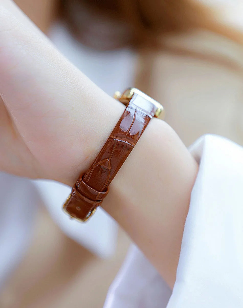 Relojes para mujer, elegante, vintage, rectangular, para dama con correa pequeña de cuero marrón, a la moda, dorado, de cuarzo, reloj de pulsera para mujer 2025