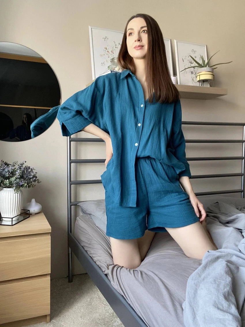 Cotton Pajamas For Women Sets Suit Casual Sleepwear Turn-Down Collar Nine Quarter Sleeve Sleep Tops Shorts Female Homewear 2023