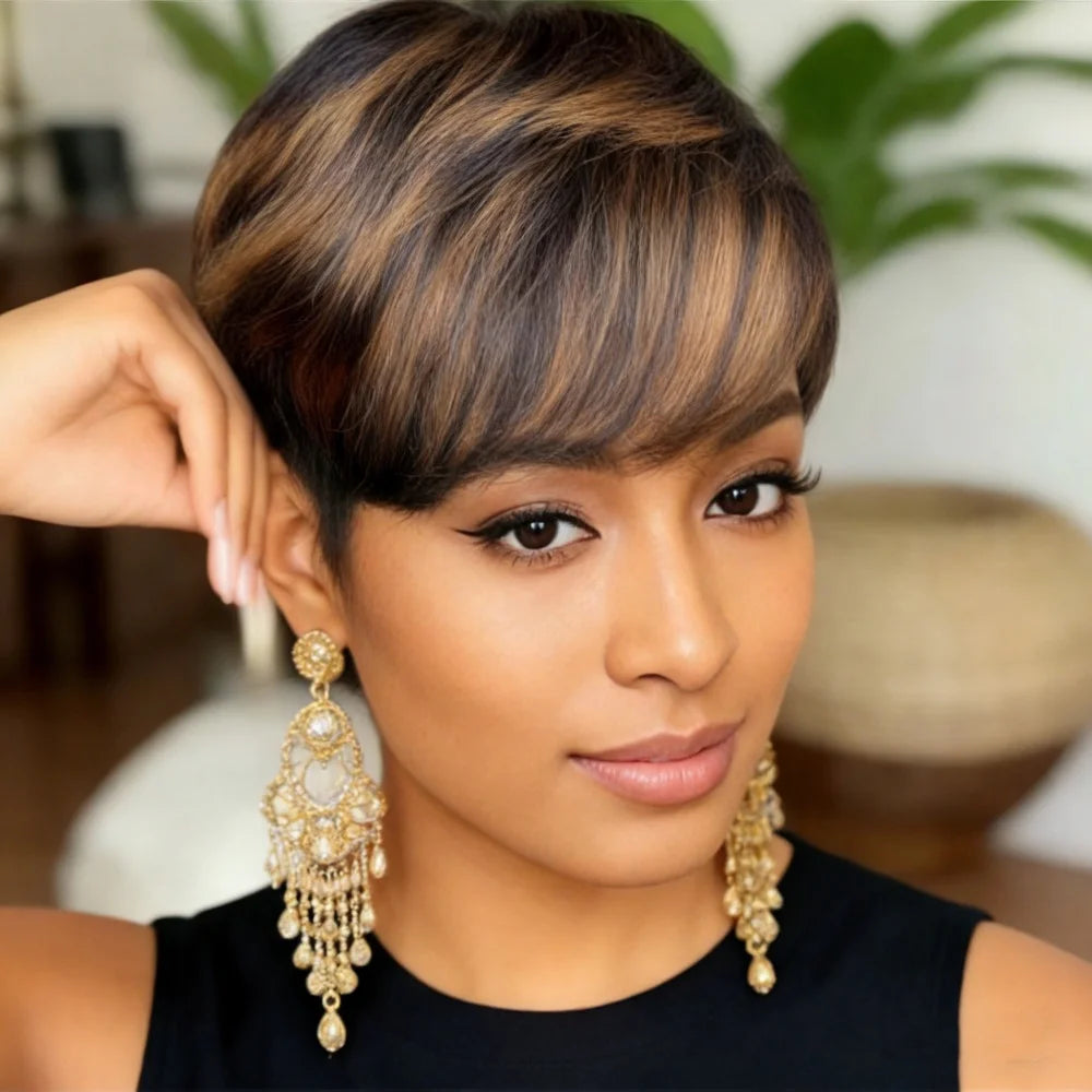 Straight Human Hair Wig Pixie Cut Human Hair Wig With Bangs Full Machine Made Wig Ombre Colored Wig