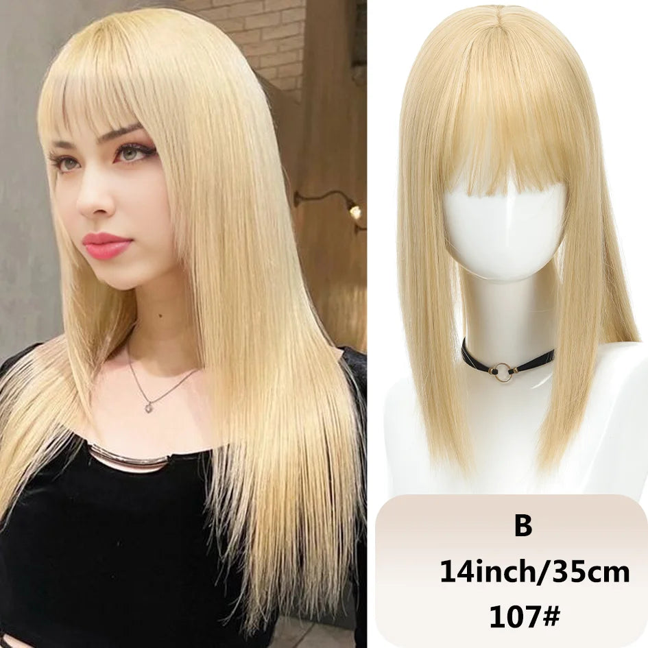 Syntetisk dameparykk med rett hår, 25 cm/30 cm pannelugg, topperstatning, tre kort, svart parykk/brun parykk/beige parykk/khaki parykk