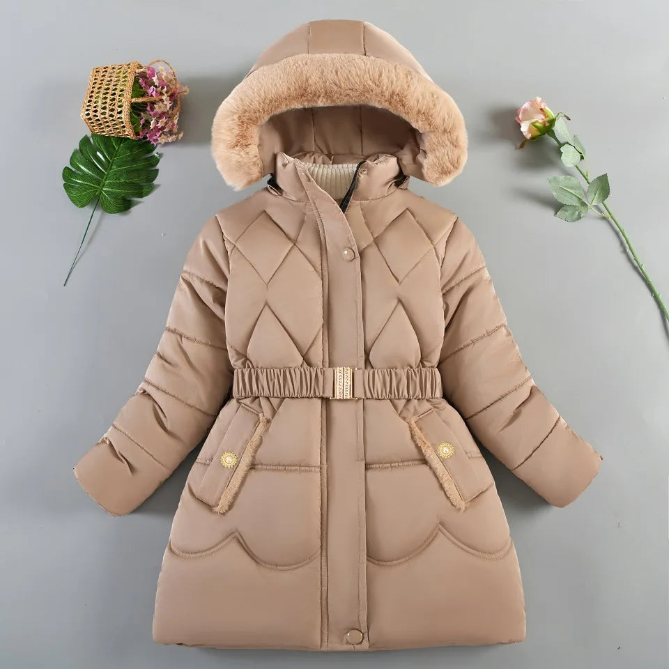 New Winter Keep Warm Girls Jacket Thick Solid Color Fur Collar Hooded Parkas Coat For 4-10 Years Kids Children Outdoor Outerwear