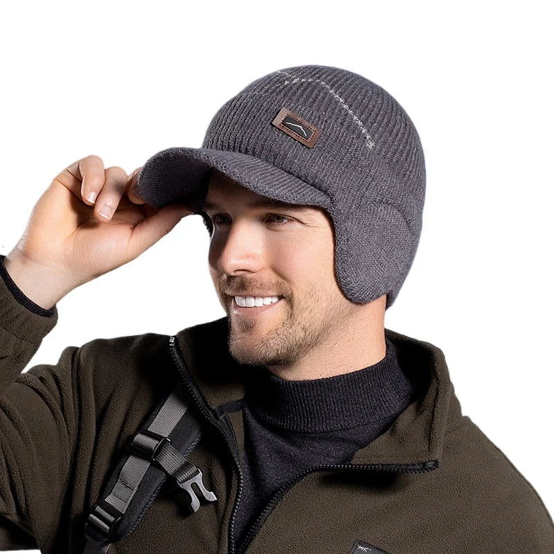 Men's Thermal Cycling Cap with Ear Flaps Winter Fleece Lined Knit Hat for Cold Weather Outdoor Bike Riding